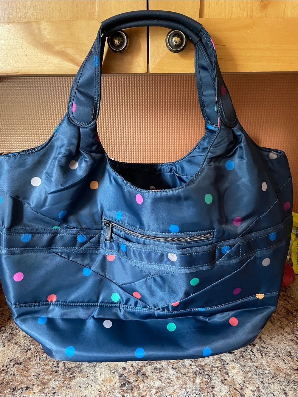 lug Navy Tote with Multicolor Polka Dots